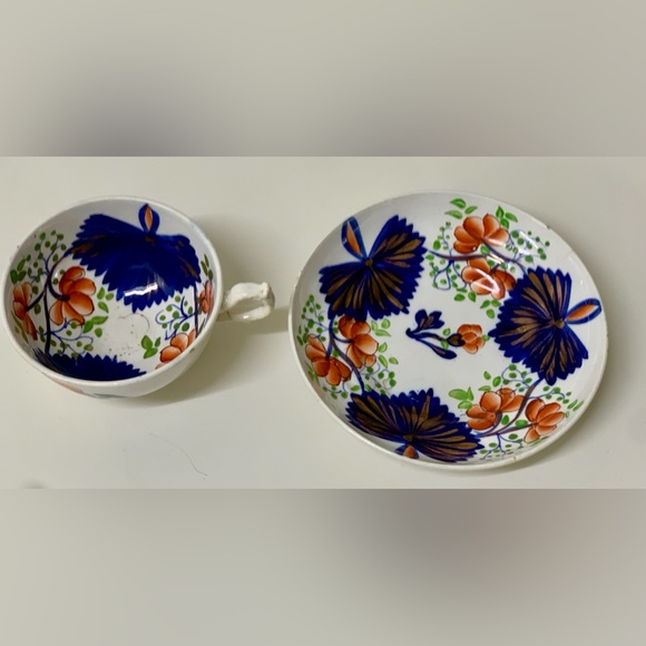 19th Century Antique Gaudy Welsh Butterfly Pattern Hand Painted Cup & Saucer Set - Picture 10 of 15